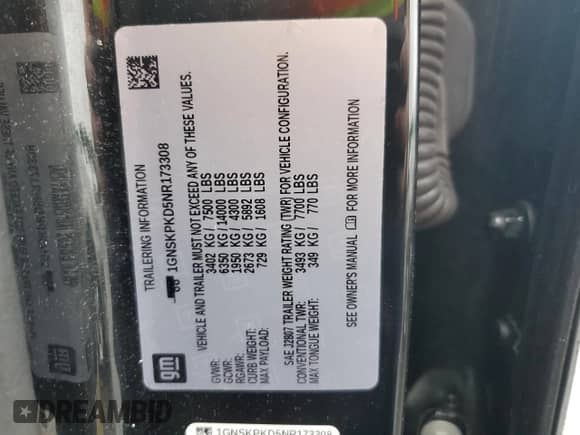 2022 Chevrolet Tahoe Z71 with VIN 1GNSKPKD5NR173308, listed as a Copart auction lot 63232605 with 54,025 mi miles and Salvage title. Bid and sale history available at DreamBid. Image 13.