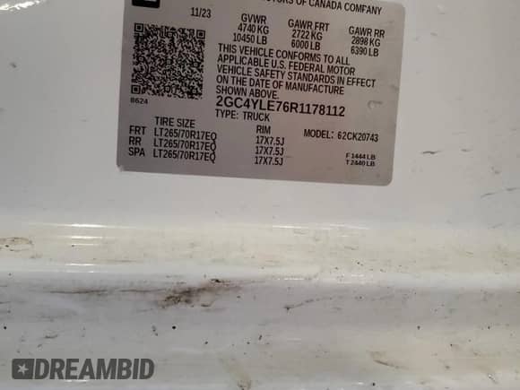 2024 Chevrolet Silverado 2500HD Work Truck с VIN 2GC4YLE76R1178112, выставлен на аукционе Copart как лот 69078355 с пробегом 46 828 миль миль и Списание • Salvage title. История ставок и продаж доступна на DreamBid. Изображение 12.