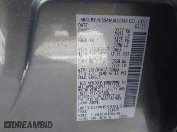 2023 Nissan Frontier SV with VIN 1N6ED1EJXPN659912, listed as a IAAI auction lot 41393027 with 20,745 mi miles and . Bid and sale history available at DreamBid. Image 9.