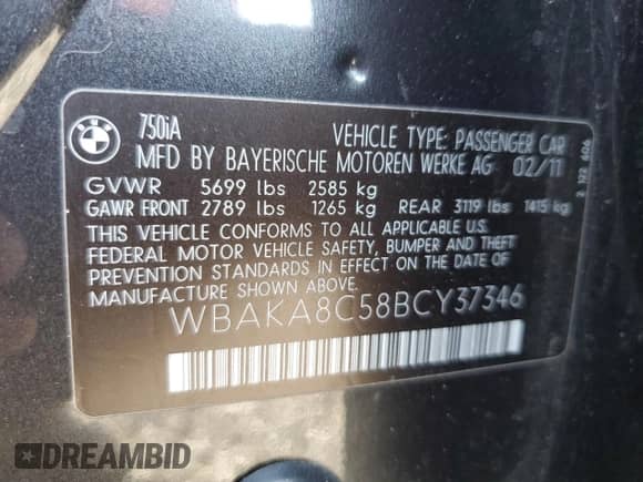 2011 BMW 7 Series 750i with VIN WBAKA8C58BCY37346, listed as a Copart auction lot 65017655 with 125,505 mi miles and Salvage title. Bid and sale history available at DreamBid. Image 12.