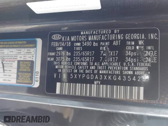 2019 Kia Sorento LX z VIN 5XYPGDA3XKG435423, wystawiony jako IAAI lot #43104558 z przebiegiem 125 190 mil mil oraz . Historia ofert i sprzedaży dostępna na DreamBid. Obrazek 9.