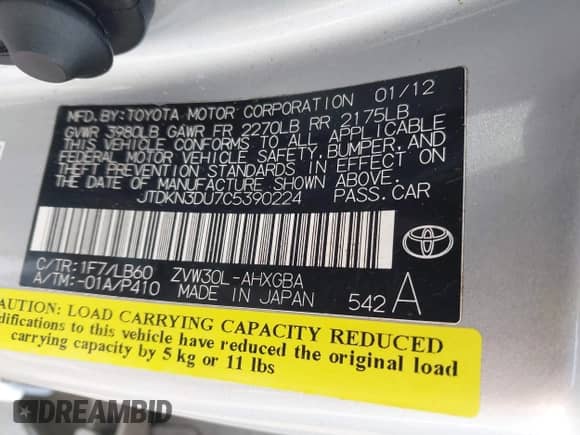 2012 Toyota Prius One with VIN JTDKN3DU7C5390224, listed as a IAAI auction lot 42902832 with 215,080 mi miles and . Bid and sale history available at DreamBid. Image 9.