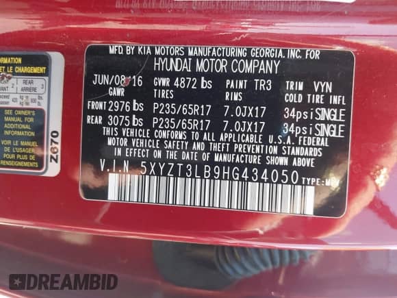 2017 Hyundai Santa Fe 2.4L with VIN 5XYZT3LB9HG434050, listed as a IAAI auction lot 42980908 with 79,813 mi miles and . Bid and sale history available at DreamBid. Image 9.