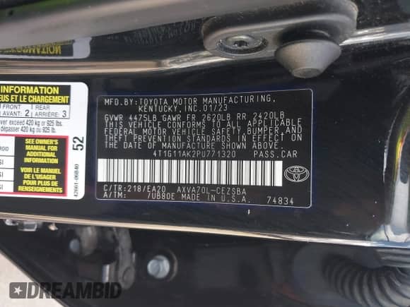 2023 Toyota Camry SE с VIN 4T1G11AK2PU771320, выставлен на аукционе IAAI как лот 42341023 с пробегом 42 568 миль миль и . История ставок и продаж доступна на DreamBid. Изображение 9.