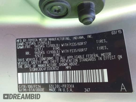 2015 Toyota Sienna LE with VIN 5TDKK3DC4FS593652, listed as a IAAI auction lot 43519208 with 135,192 mi miles and . Bid and sale history available at DreamBid. Image 9.