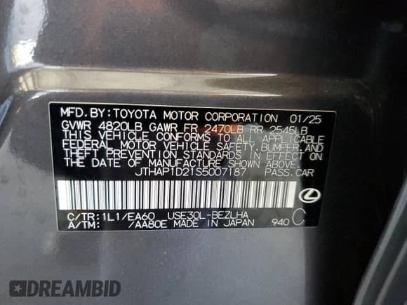 2025 Lexus IS 500 F Sport Performance z VIN JTHAP1D21S5007187, wystawiony jako Copart lot #55784875 z przebiegiem 6 084 mil mil oraz Szkoda całkowita • Salvage title. Historia ofert i sprzedaży dostępna na DreamBid. Obrazek 12.