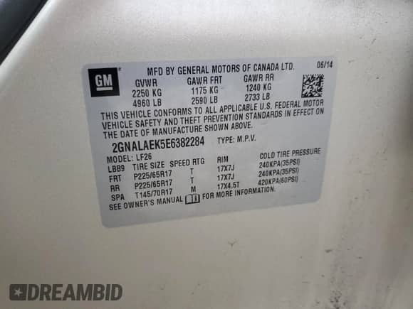 2014 Chevrolet Equinox LS с VIN 2GNALAEK5E6382284, выставлен на аукционе Copart как лот 82402635 с пробегом 121 211 миль миль и На запчасти • Non repairable. История ставок и продаж доступна на DreamBid. Изображение 12.