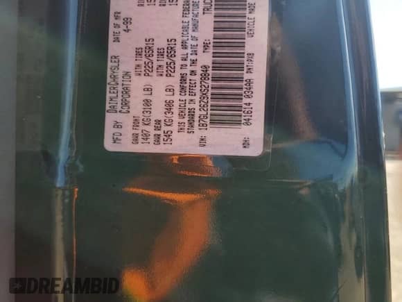 1999 Dodge Dakota SLT with VIN 1B7GL26Z9XS278840, listed as a Copart auction lot 65640885 with 62,454 mi miles and Salvage title. Bid and sale history available at DreamBid. Image 12.