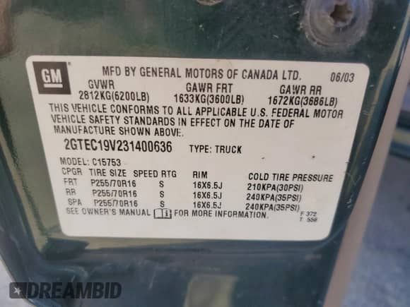 2003 GMC Sierra 1500 with VIN 2GTEC19V231400636, listed as a Copart auction lot 77945444 with Not provided miles and Salvage title. Bid and sale history available at DreamBid. Image 12.