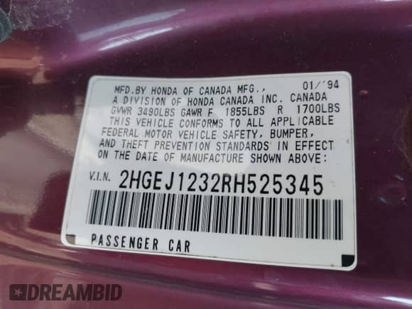 1994 Honda Civic with VIN 2HGEJ1232RH525345, listed as a IAAI auction lot 41646722 with 186,326 mi miles and . Bid and sale history available at DreamBid. Image 9.