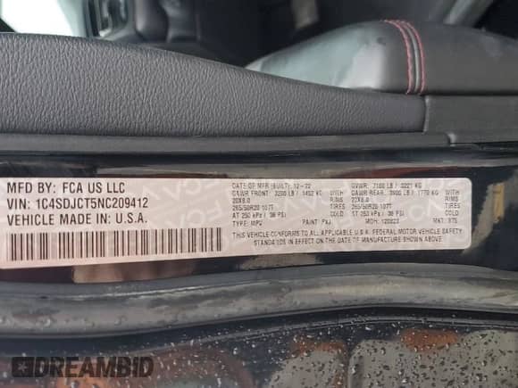 2022 Dodge Durango R/T Plus with VIN 1C4SDJCT5NC209412, listed as a Copart auction lot 55654595 with 25,618 mi miles and Salvage title. Bid and sale history available at DreamBid. Image 14.