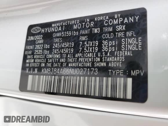 2022 Hyundai NEXO Limited с VIN KM8J84A66NU027173, выставлен на аукционе Copart как лот 59634865 с пробегом 21 055 миль миль и Чистый • Clean title. История ставок и продаж доступна на DreamBid. Изображение 13.