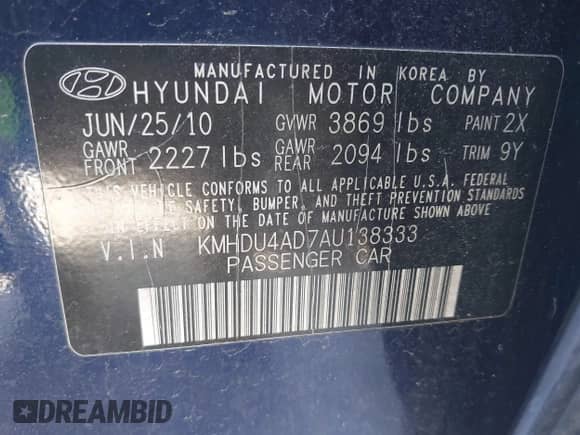 2010 Hyundai Elantra GLS with VIN KMHDU4AD7AU138333, listed as a IAAI auction lot 43416955 with 159,685 mi miles and . Bid and sale history available at DreamBid. Image 9.