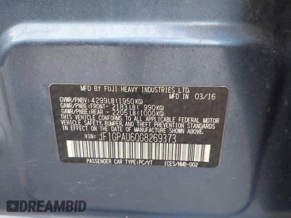 2016 Subaru Impreza Special Sports Limited with VIN JF1GPAU60G8269373, listed as a IAAI auction lot 42958041 with 140,697 mi miles and . Bid and sale history available at DreamBid. Image 9.