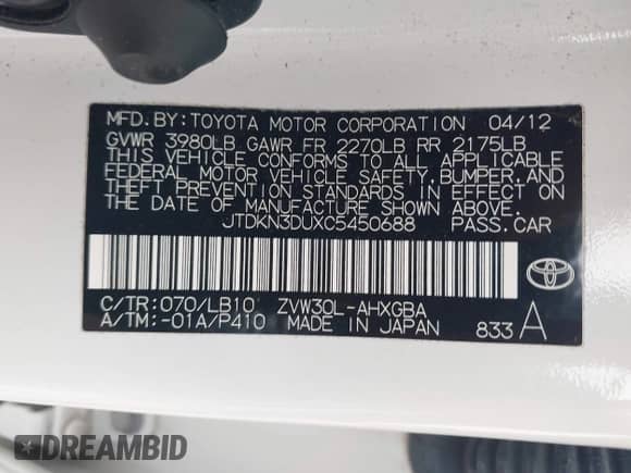 2012 Toyota Prius One z VIN JTDKN3DUXC5450688, wystawiony jako IAAI lot #43097455 z przebiegiem 41 534 mil mil oraz . Historia ofert i sprzedaży dostępna na DreamBid. Obrazek 9.