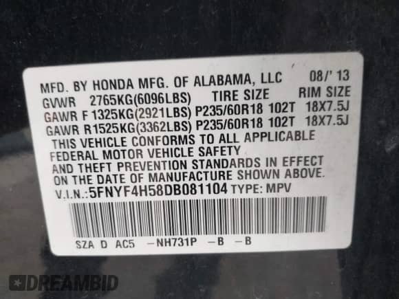 2013 Honda Pilot EX-L with VIN 5FNYF4H58DB081104, listed as a IAAI auction lot 43435936 with 193,083 mi miles and . Bid and sale history available at DreamBid. Image 9.