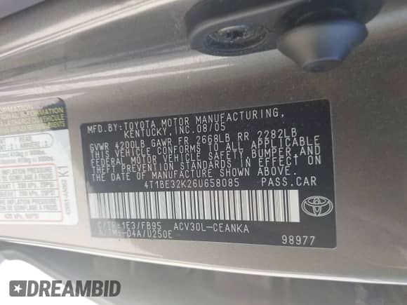 2006 Toyota Camry STD с VIN 4T1BE32K26U658085, выставлен на аукционе IAAI как лот 43090576 с пробегом 221 386 миль миль и . История ставок и продаж доступна на DreamBid. Изображение 9.