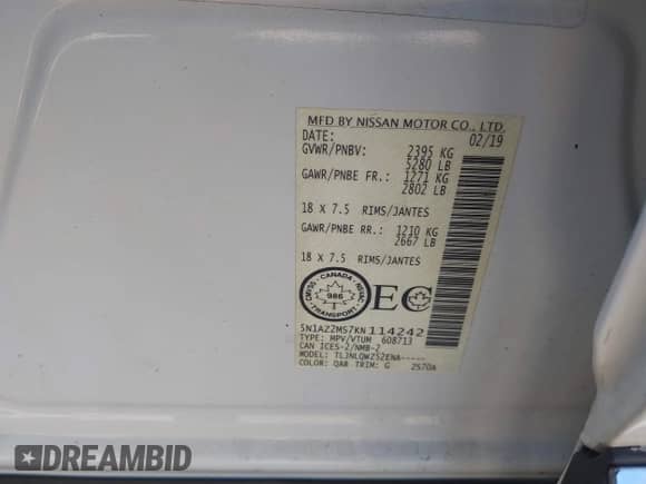 2019 Nissan Murano S with VIN 5N1AZ2MS7KN114242, listed as a IAAI auction lot 43344626 with 74,836 mi miles and . Bid and sale history available at DreamBid. Image 9.