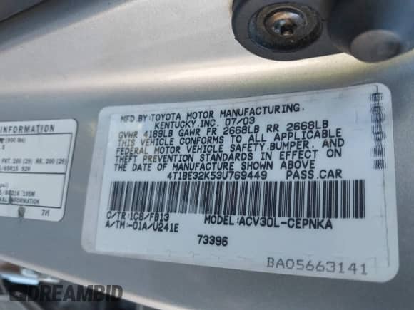 2003 Toyota Camry LE with VIN 4T1BE32K53U769449, listed as a IAAI auction lot 43520963 with 182,379 mi miles and . Bid and sale history available at DreamBid. Image 9.