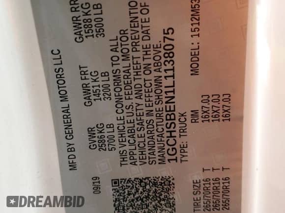 2020 Chevrolet Colorado 2WD Work Truck z VIN 1GCHSBEN1L1138075, wystawiony jako Copart lot #61840065 z przebiegiem 122 716 mil mil oraz Szkoda całkowita • Salvage title. Historia ofert i sprzedaży dostępna na DreamBid. Obrazek 12.