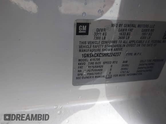 2017 Chevrolet Tahoe Premier with VIN 1GNSKCKC6HR224237, listed as a IAAI auction lot 41795532 with Not provided miles and . Bid and sale history available at DreamBid. Image 9.