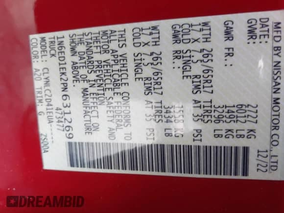 2023 Nissan Frontier SV with VIN 1N6ED1EK2PN631269, listed as a IAAI auction lot 42738025 with 45,762 mi miles and . Bid and sale history available at DreamBid. Image 9.