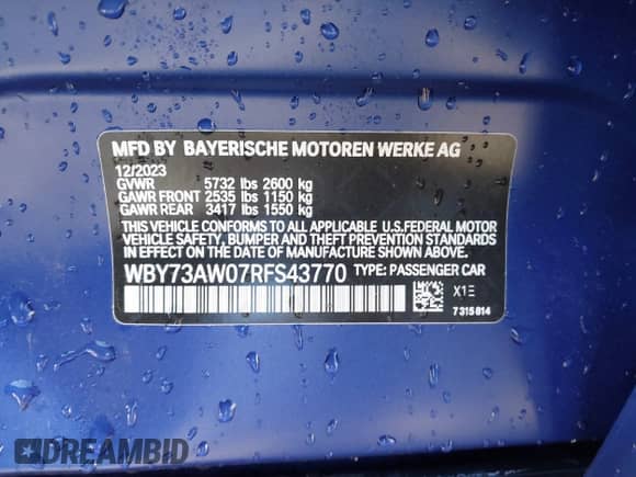 2024 BMW i4 eDrive40 with VIN WBY73AW07RFS43770, listed as a IAAI auction lot 41689504 with 14,684 mi miles and . Bid and sale history available at DreamBid. Image 9.