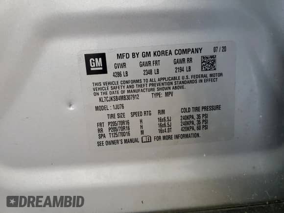 2021 Chevrolet Trax LS с VIN KL7CJKSB4MB307912, выставлен на аукционе Copart как лот 63120935 с пробегом Не указан миль и Чистый • Clean title. История ставок и продаж доступна на DreamBid. Изображение 13.