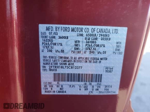 2003 Ford F-150 XL with VIN 2FTRX18L73CB12377, listed as a Copart auction lot 84845875 with 184,547 mi miles and Clean title. Bid and sale history available at DreamBid. Image 12.