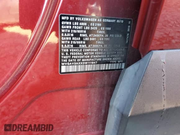 2013 Volkswagen Tiguan S с VIN WVGAV3AXXDW111947, выставлен на аукционе Copart как лот 86511345 с пробегом 132 994 миль миль и Списание • Salvage title. История ставок и продаж доступна на DreamBid. Изображение 13.