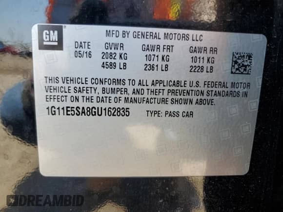 2016 Chevrolet Malibu LTZ with VIN 1G11E5SA8GU162835, listed as a Copart auction lot 62584215 with 162,645 mi miles and Salvage title. Bid and sale history available at DreamBid. Image 12.