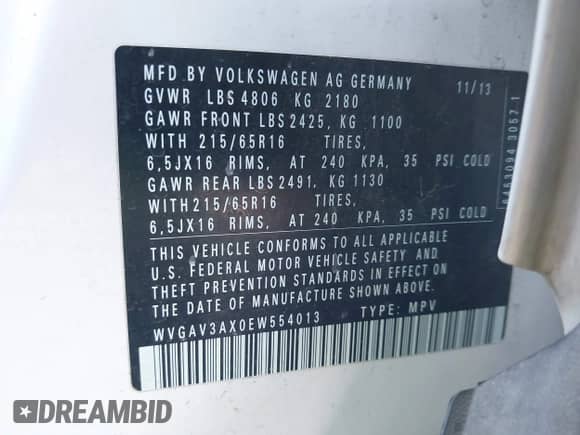 2014 Volkswagen Tiguan S with VIN WVGAV3AX0EW554013, listed as a IAAI auction lot 43426029 with 122,127 mi miles and . Bid and sale history available at DreamBid. Image 9.