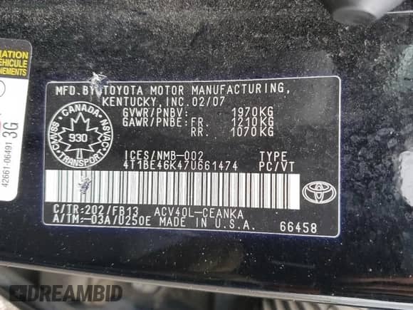 2007 Toyota Camry LE с VIN 4T1BE46K47U661474, выставлен на аукционе Copart как лот 58819345 с пробегом 265 650 миль миль и Чистый • Clean title. История ставок и продаж доступна на DreamBid. Изображение 13.