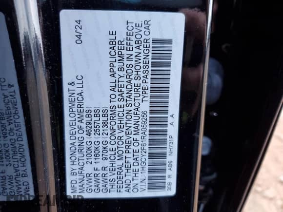 2024 Honda Accord EX-L with VIN 1HGCY2F61RA059256, listed as a Copart auction lot 71472165 with 15,847 mi miles and Salvage title. Bid and sale history available at DreamBid. Image 12.