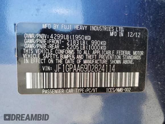 2013 Subaru Impreza 2.0i z VIN JF1GPAA69D2824114, wystawiony jako Copart lot #69382715 z przebiegiem 146 614 mil mil oraz Czysty tytuł • Clean title. Historia ofert i sprzedaży dostępna na DreamBid. Obrazek 12.