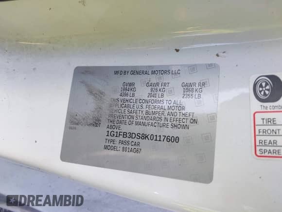 2019 Chevrolet Camaro 1LT z VIN 1G1FB3DS8K0117600, wystawiony jako IAAI lot #41174936 z przebiegiem 110 273 mil mil oraz . Historia ofert i sprzedaży dostępna na DreamBid. Obrazek 9.