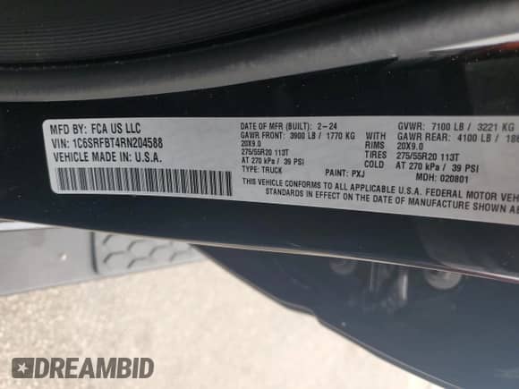 2024 Ram 1500 Big Horn with VIN 1C6SRFBT4RN204588, listed as a Copart auction lot 88427855 with 3,039 mi miles and Non repairable. Bid and sale history available at DreamBid. Image 13.