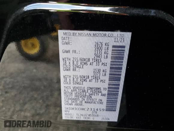 2024 Nissan Pathfinder SL with VIN 5N1DR3CCXRC231459, listed as a Copart auction lot 70016145 with 14,808 mi miles and Salvage title. Bid and sale history available at DreamBid. Image 14.