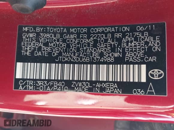 2011 Toyota Prius I with VIN JTDKN3DU6B1374988, listed as a IAAI auction lot 42696513 with 121,541 mi miles and . Bid and sale history available at DreamBid. Image 9.