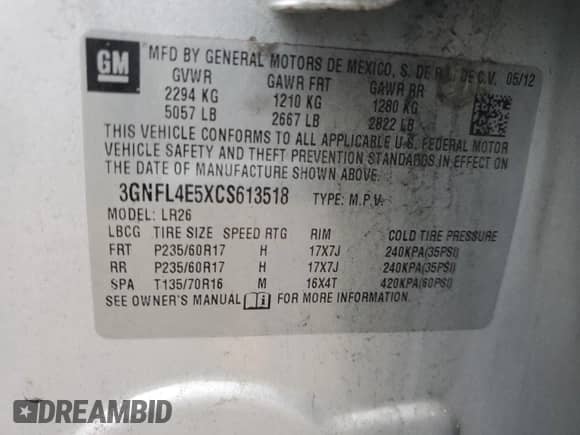 2012 Chevrolet Captiva Sport LTZ с VIN 3GNFL4E5XCS613518, выставлен на аукционе Copart как лот 72451374 с пробегом 198 534 миль миль и Списание • Salvage title. История ставок и продаж доступна на DreamBid. Изображение 13.