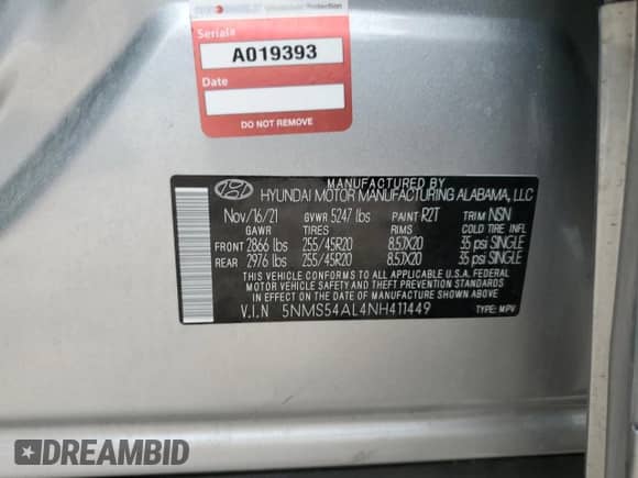 2022 Hyundai Santa Fe Calligraphy with VIN 5NMS54AL4NH411449, listed as a Copart auction lot 68026772 with 21,615 mi miles and . Bid and sale history available at DreamBid. Image 14.