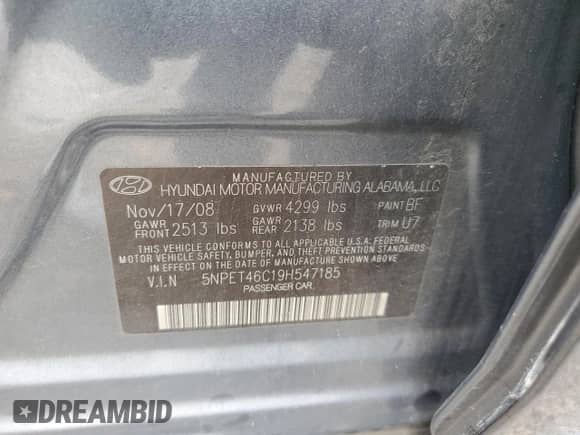 2009 Hyundai Sonata GLS с VIN 5NPET46C19H547185, выставлен на аукционе Copart как лот 80267695 с пробегом 160 494 миль миль и Списание • Salvage title. История ставок и продаж доступна на DreamBid. Изображение 12.
