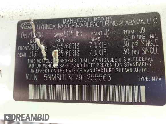 2009 Hyundai Santa Fe SE with VIN 5NMSH13E79H255563, listed as a IAAI auction lot 43142076 with 195,510 mi miles and . Bid and sale history available at DreamBid. Image 9.