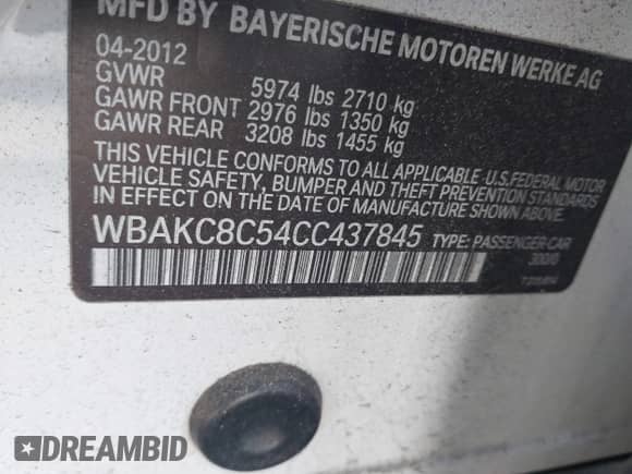 2012 BMW 7 Series 750Li xDrive with VIN WBAKC8C54CC437845, listed as a IAAI auction lot 41691478 with Not provided miles and . Bid and sale history available at DreamBid. Image 9.