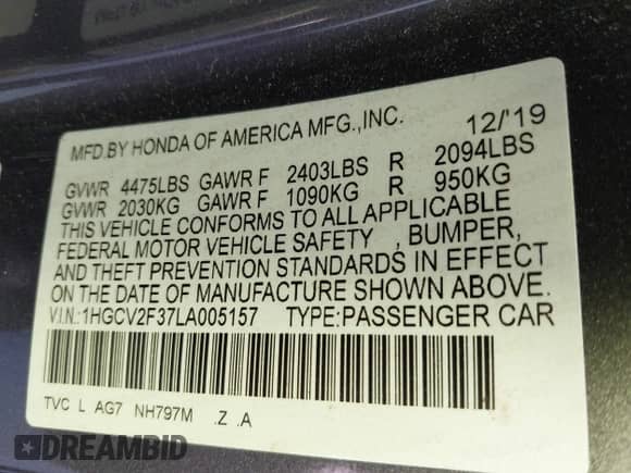 2020 Honda Accord Sport с VIN 1HGCV2F37LA005157, выставлен на аукционе IAAI как лот 42899511 с пробегом 67 907 миль миль и . История ставок и продаж доступна на DreamBid. Изображение 9.