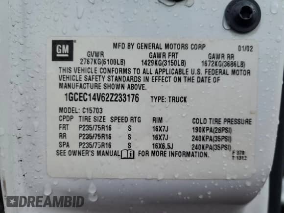 2002 Chevrolet Silverado 1500 LS with VIN 1GCEC14V62Z233176, listed as a Copart auction lot 56715075 with 247,680 mi miles and Salvage title. Bid and sale history available at DreamBid. Image 12.