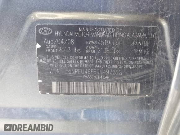 2009 Hyundai Sonata Limited with VIN 5NPEU46F69H497262, listed as a IAAI auction lot 43482018 with 215,550 mi miles and . Bid and sale history available at DreamBid. Image 9.