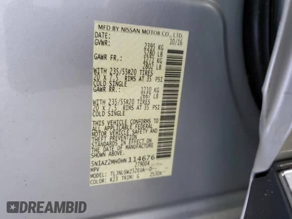 2017 Nissan Murano Platinum с VIN 5N1AZ2MH0HN114676, выставлен на аукционе Copart как лот 63688235 с пробегом Не указан миль и Списание • Salvage title. История ставок и продаж доступна на DreamBid. Изображение 13.