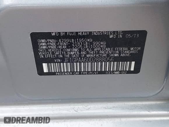 2013 Subaru Impreza 2.0i with VIN JF1GPAA60D2888056, listed as a IAAI auction lot 42692114 with 102,029 mi miles and . Bid and sale history available at DreamBid. Image 9.