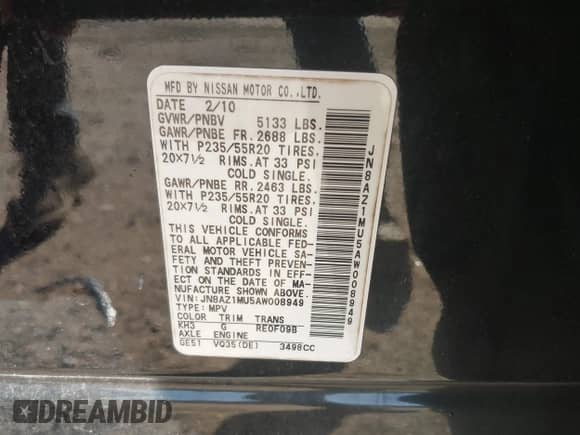 2010 Nissan Murano SL with VIN JN8AZ1MU5AW008949, listed as a IAAI auction lot 43488025 with 103,383 mi miles and . Bid and sale history available at DreamBid. Image 9.